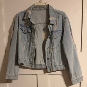 SHEIN Light Wash Denim Jacket with Distressed Accents